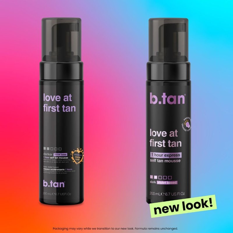 b.tan Violet Base Self Tanner Mousse | Love At First Tan - Best, 1 Hour Express Sunless Tanning Foam, Cancels Orange Tones, Dark Bronzing Glow, No Fake Tan Smell, Face & Body, 6.7 Fl Oz