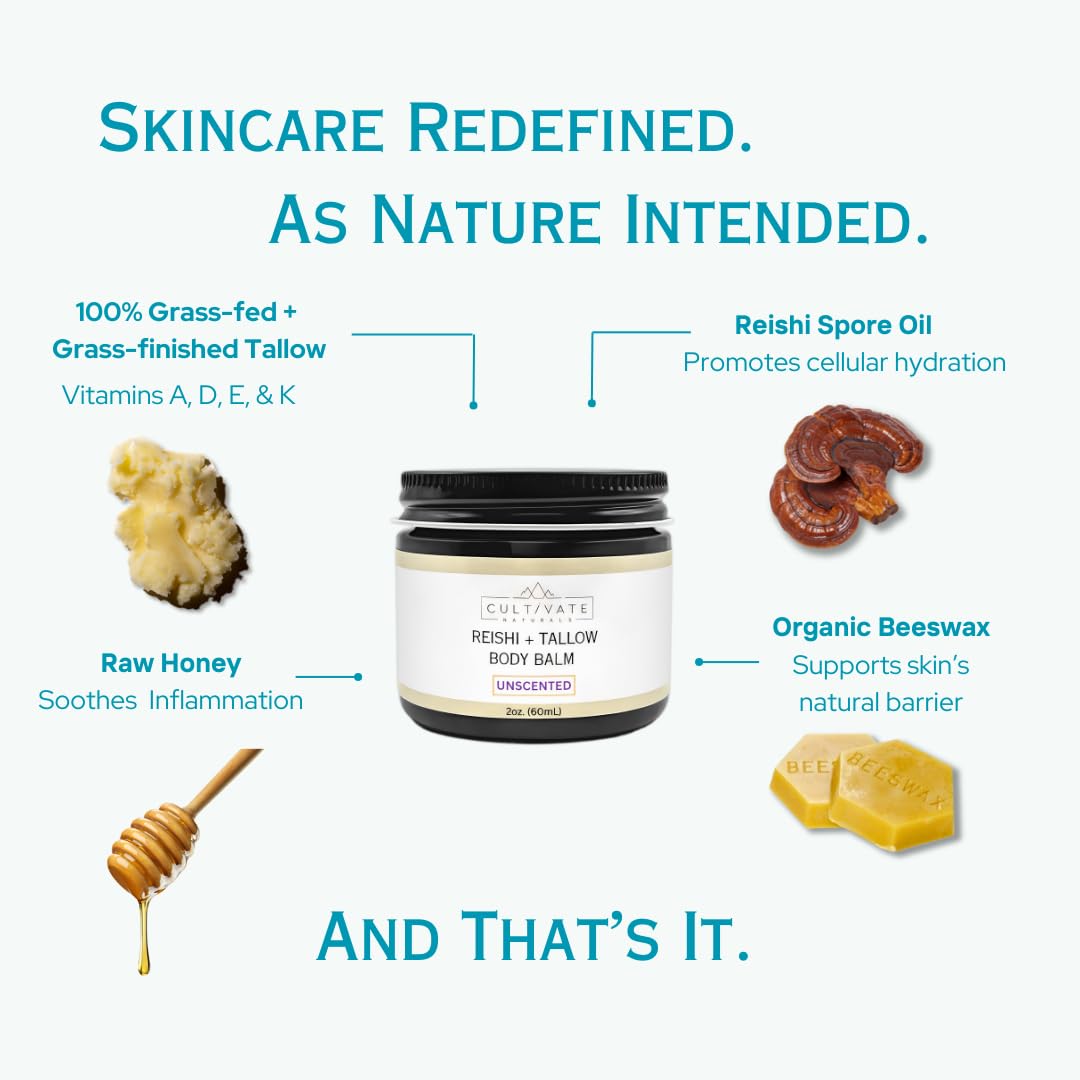 Reishi Tallow Body Balm - Unscented (2 oz) | Grass Fed Beef Tallow - Non-toxic, Paleo Friendly Skincare | Infused with Reishi Spore Extract | Moisturizing & Hydrating for Sensitive Skin