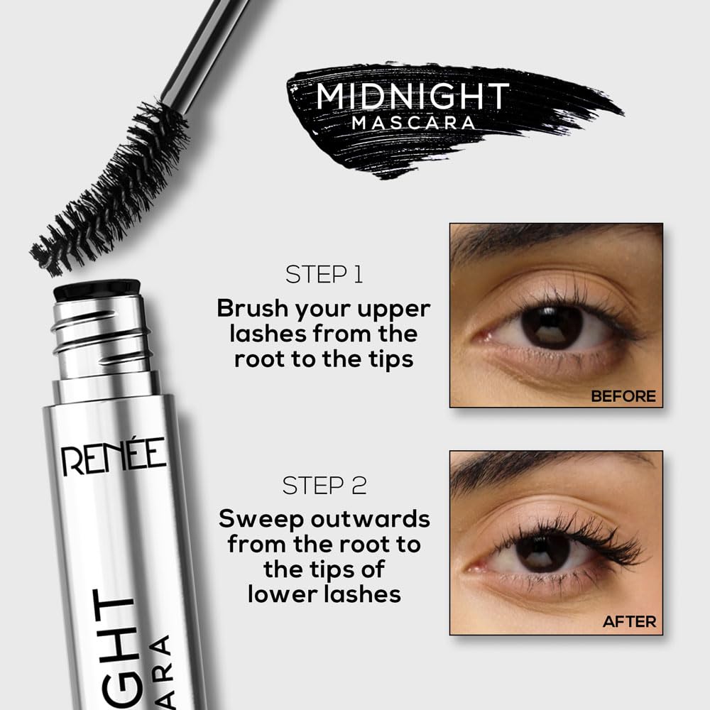 RENEE Midnight Mascara with Unique 360-Degree Wand, Darkest Black, Clump-Free & Long-Lasting Formula, Volumizes, Lengthens & Nourishes, Infused with Vitamin E