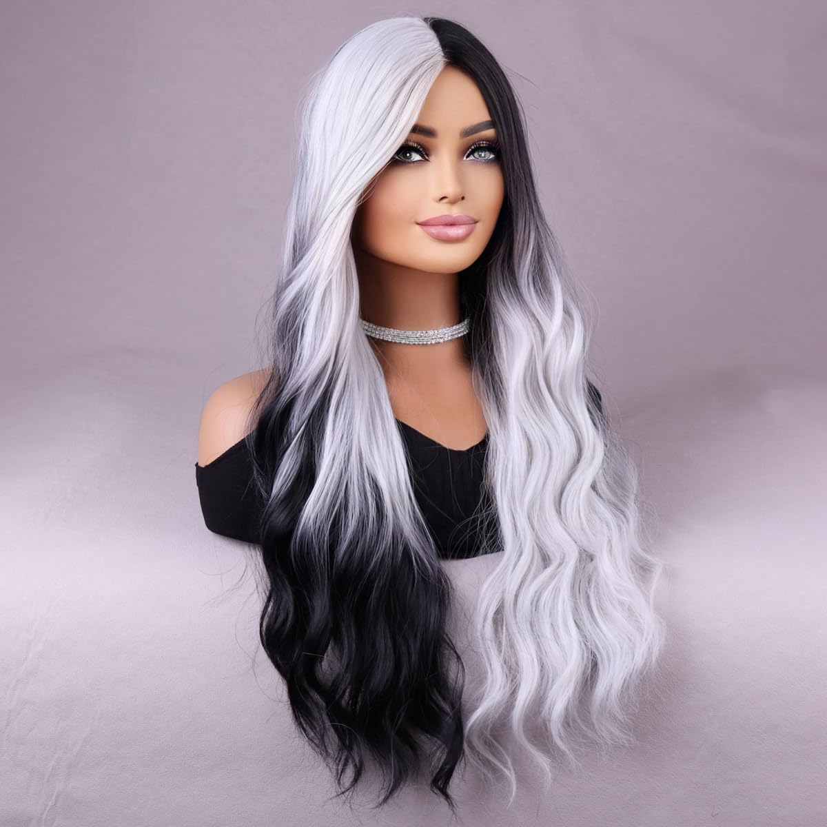 MAGQOO Black White Wig for Women Long Curly Wavy Black White Wig Middle Part Synthetic Heat Resistant Halloween Cosplay Costume Party Wig