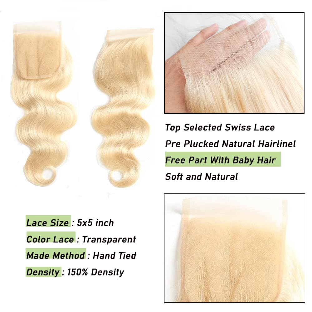 KAFEIER 613 Blonde 5x5 Hd Lace Closure Brazilian Virgin Human Hair Body Wave Invisible Transparent Lace Pre plucked with baby hair Natural Hairline Free part 150 density 14 Inch