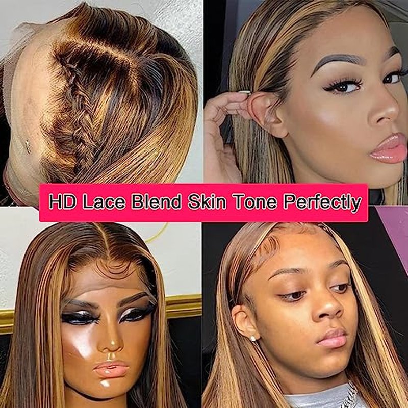 Highlight 13x4 Lace Front Wigs Human Hair Ombre 4/27 Colored Honey Blonde Lace Front Wigs Pre Plucked with Baby Hair 180% Density Straight Human Hair Lace Front Wigs For Women (26 Inch)