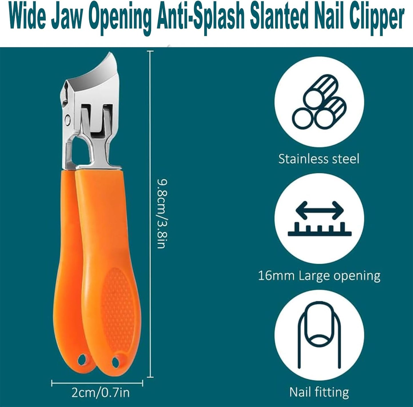 Slanted Nail Clippers - 2-Piece Set with Wide Jaw Opening for Thick & Ingrown Toenails | Anti-Splash Design