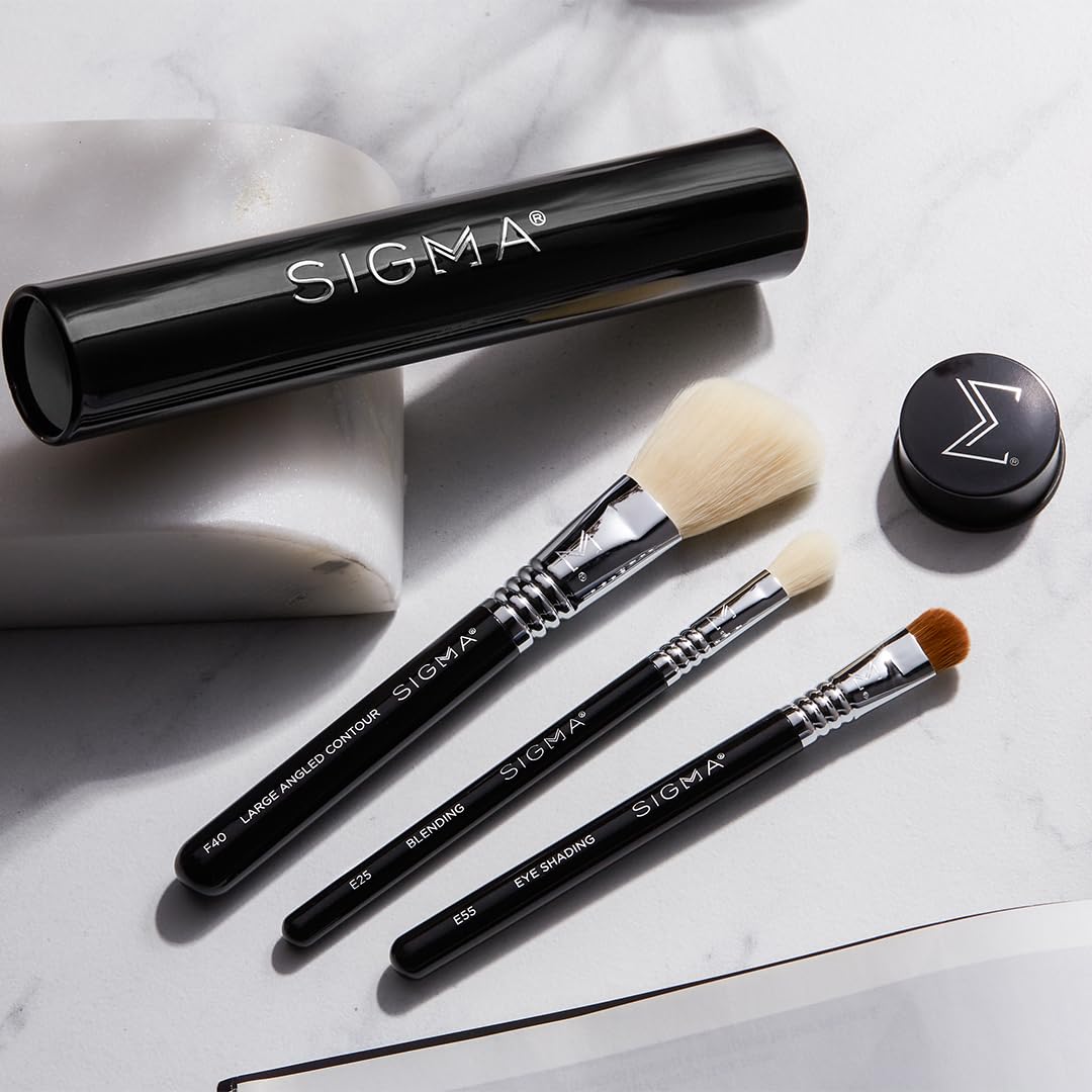 Sigma Beauty Travel Essential Trio - Makeup Brush Set for Foundation Powder Eyeshadow - 3 Tool Brushes with Brush Tin Holder - Skin Safe, Vegan Makeup Brushes for Travel - Black