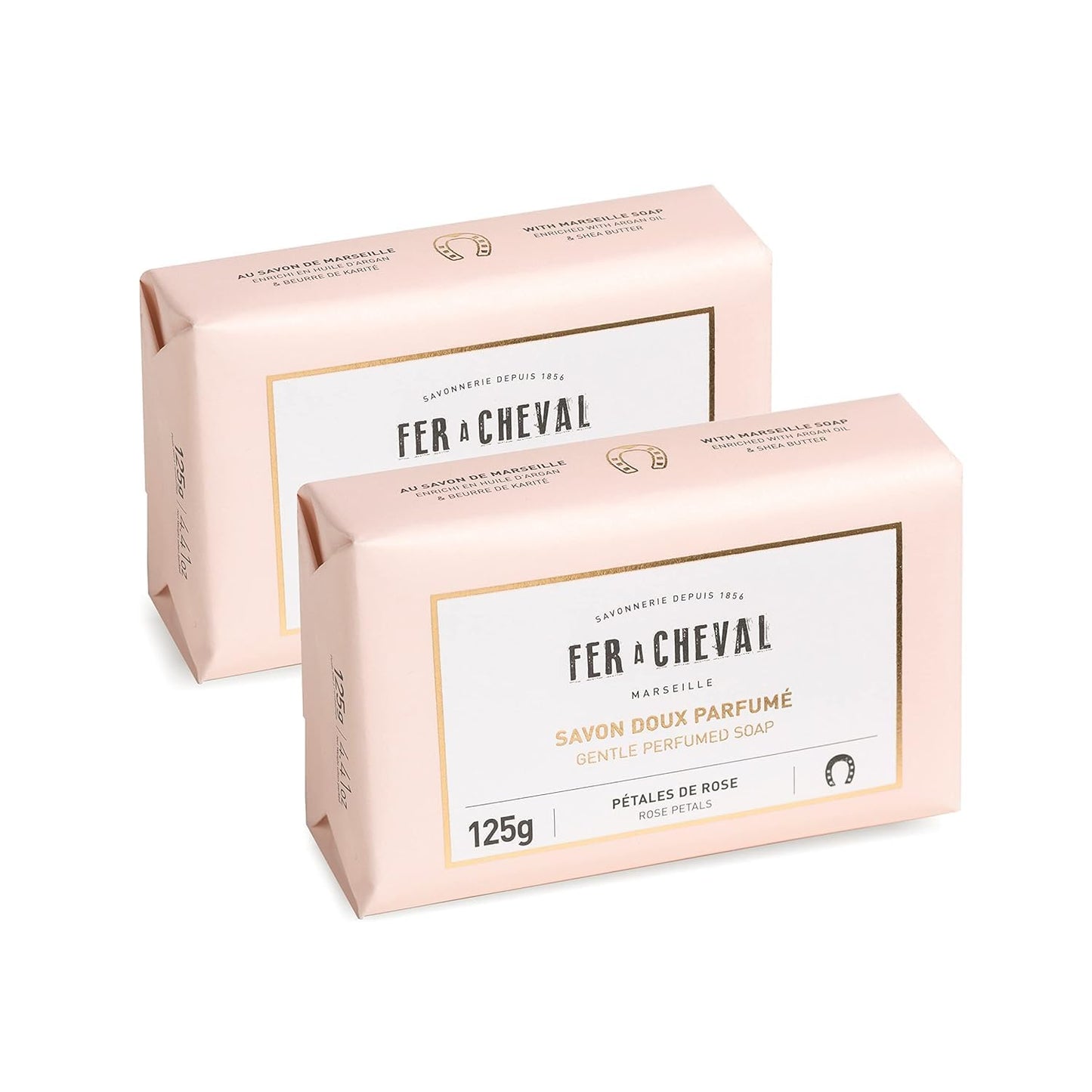 Fer à Cheval Gentle Perfumed Soap Bars, Organic Body Bath Soap, Moisturizing Natural Bar Soap for Men and Women, 125 g/4.41 oz, Pack of 2 - Rose Petal