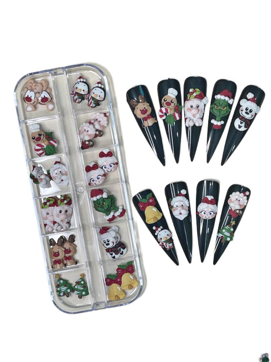 Set 24Pcs 3D Acrylic Christmas Nail Art Charms- Santa, Snowman, Reindeer,Pine tree, Penguin, Bear heart Handmade by Acrylic Powder (Cartoon character Noel)