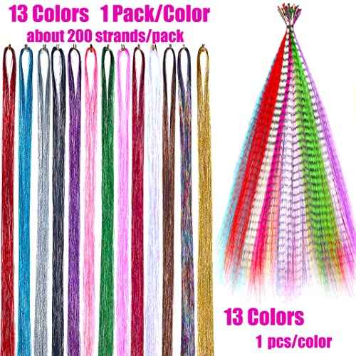 13 Colors Hair Tinsel with Tools Kit 43 Inch 2600 Strands Tinsel Hair Extensions Sparkling Shiny Hair Pieces for Christmas Cosplay Party Halloween with 13Pcs Synthetic Feather