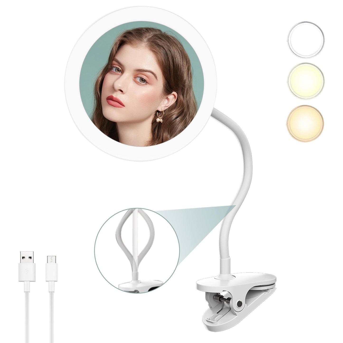 6.5" Clip On Gooseneck Makeup Vanity Mirror With Light, 2000mAh USB Lighted Travel Mirror, White 1X
