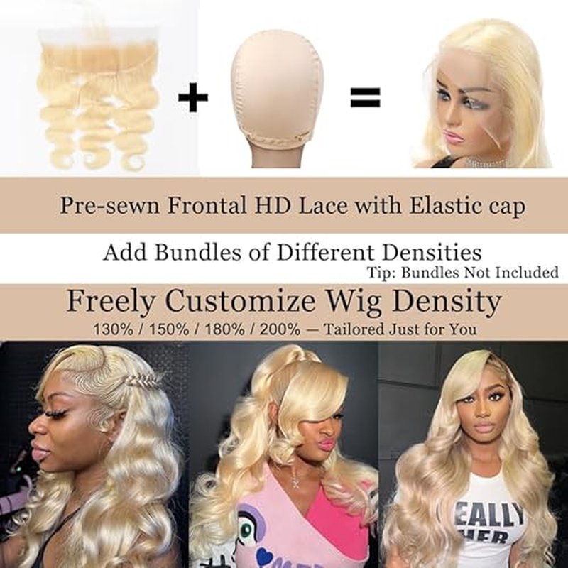 Pre-sewn 13x4 Frontal HD Lace with Elastic Cap ? Body Wave Human Hair Frontal with Baby Hair, Bleach & Dye Friendly, Beginner Friendly 22 Inch 613 Blonde