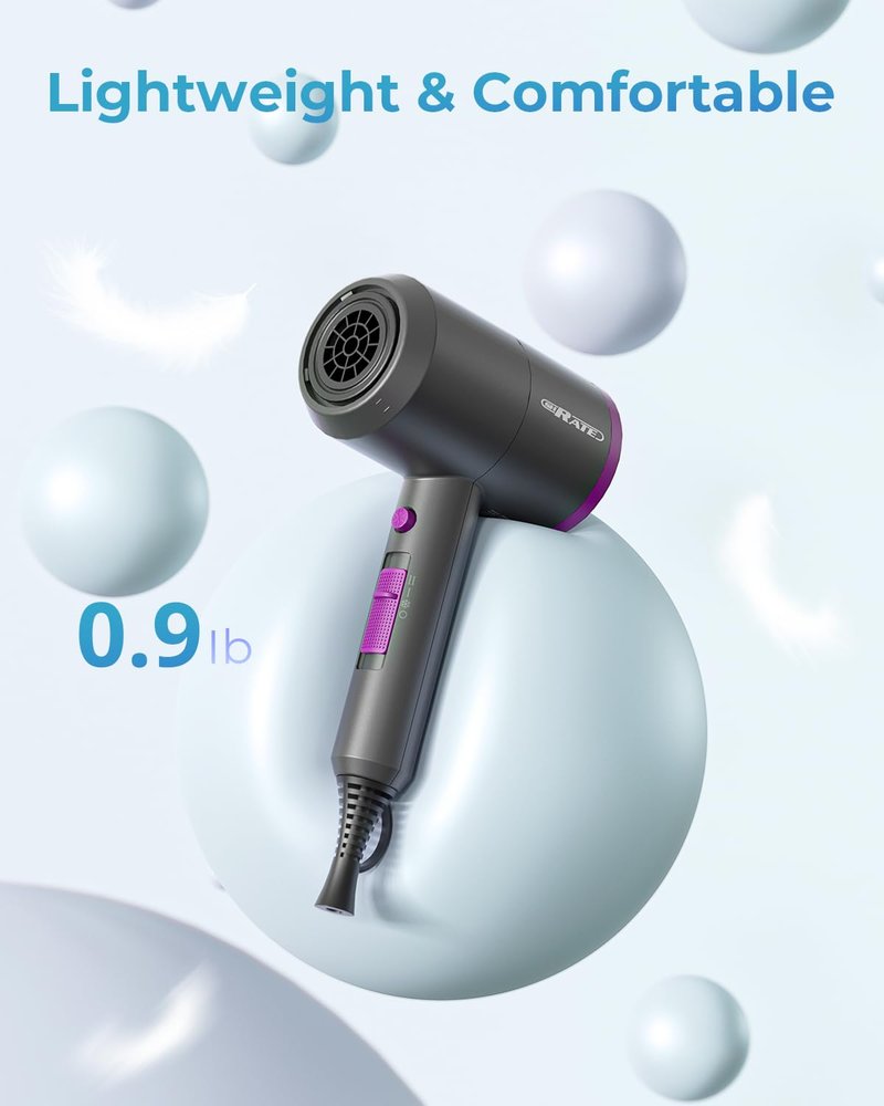 SHRATE Lightweight Ionic Hair Dryer with Diffuser - Powerful 1800W Blow Dryer for Fast Drying - Professional Low Noise Mini Hair Dryer for Travel, Gifts, Hair Styling (Grey)