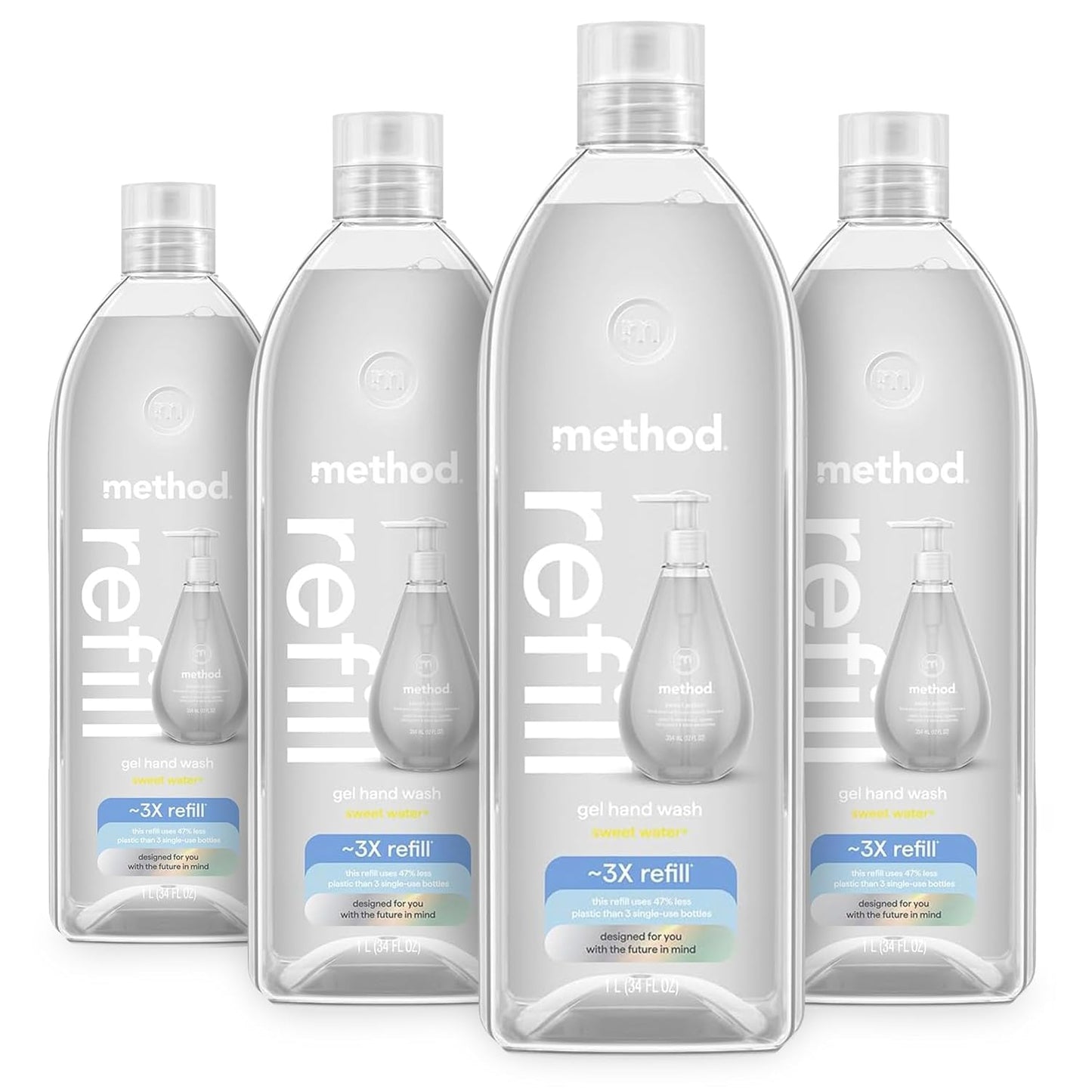 Method Gel Hand Wash Refill, Sweet Water - Refills Up to 3X, Made without Parabens, Dewy Lemon Leaf, Grapefruit & Star Jasmine Notes, 34 fl oz, 4 pack