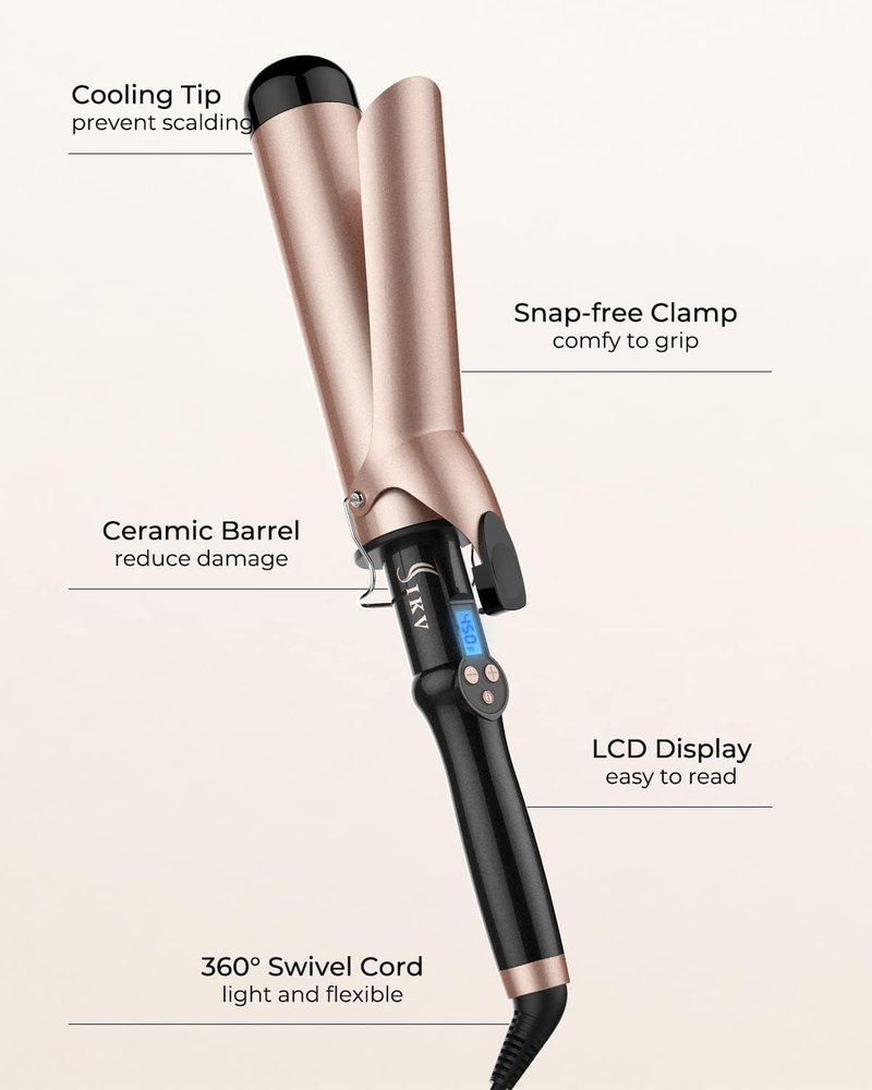 Extra Long Barrel Curling Iron - 2 Inch Ceramic Tourmaline Wand with LCD Display | 10 Heat Settings, Dual Voltage