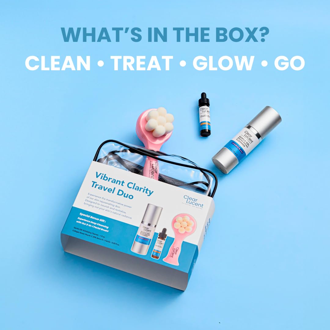 Vibrant Clarity Travel Skincare Set  | TSA‑Friendly GSL AHA/BHA Exfoliating Cleanser & 20 % Vitamin C + E + Ferulic Serum with Facial Brush & Travel Pouch | On‑the‑Go Glass Skin - 2‑Piece Set