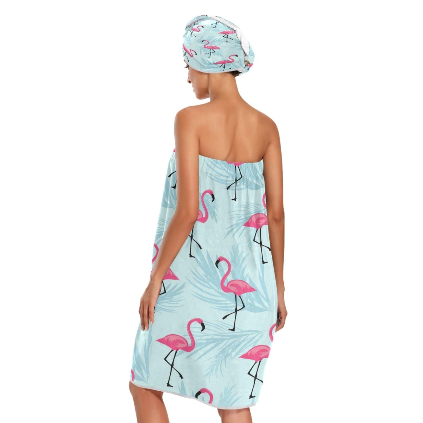 ATTX Flamingo Blue Leaf Towel Wrap with Dry Hair Cap & Headband for Women – Women’s Comfortable Shower & Bath Wrap with Adjustable Closure