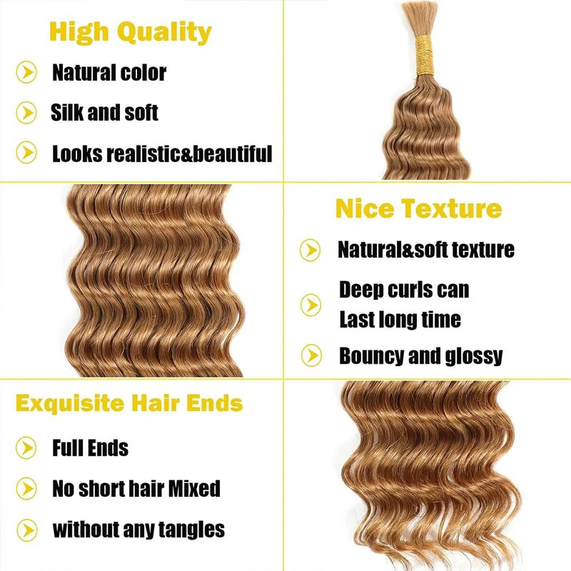 Human Braiding Hair 27#Honer Blonde Deep Wave Bulk Human Hair For Braiding Hair Extensions No Weft 1 Bundle 100g Micro Braiding Human Hair for Boho Knotless Braids Human Hair (16 Inch,27#,100g)
