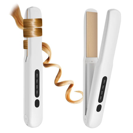 Cordless Hair Straightener and Curler, 2 in 1 Portable Mini Flat Iron & Curling Iron, Fast Heating & Titanium Plate Straightener with 4 Adjustable Temp,Travel Size Preferred Gifts (Orange-White)