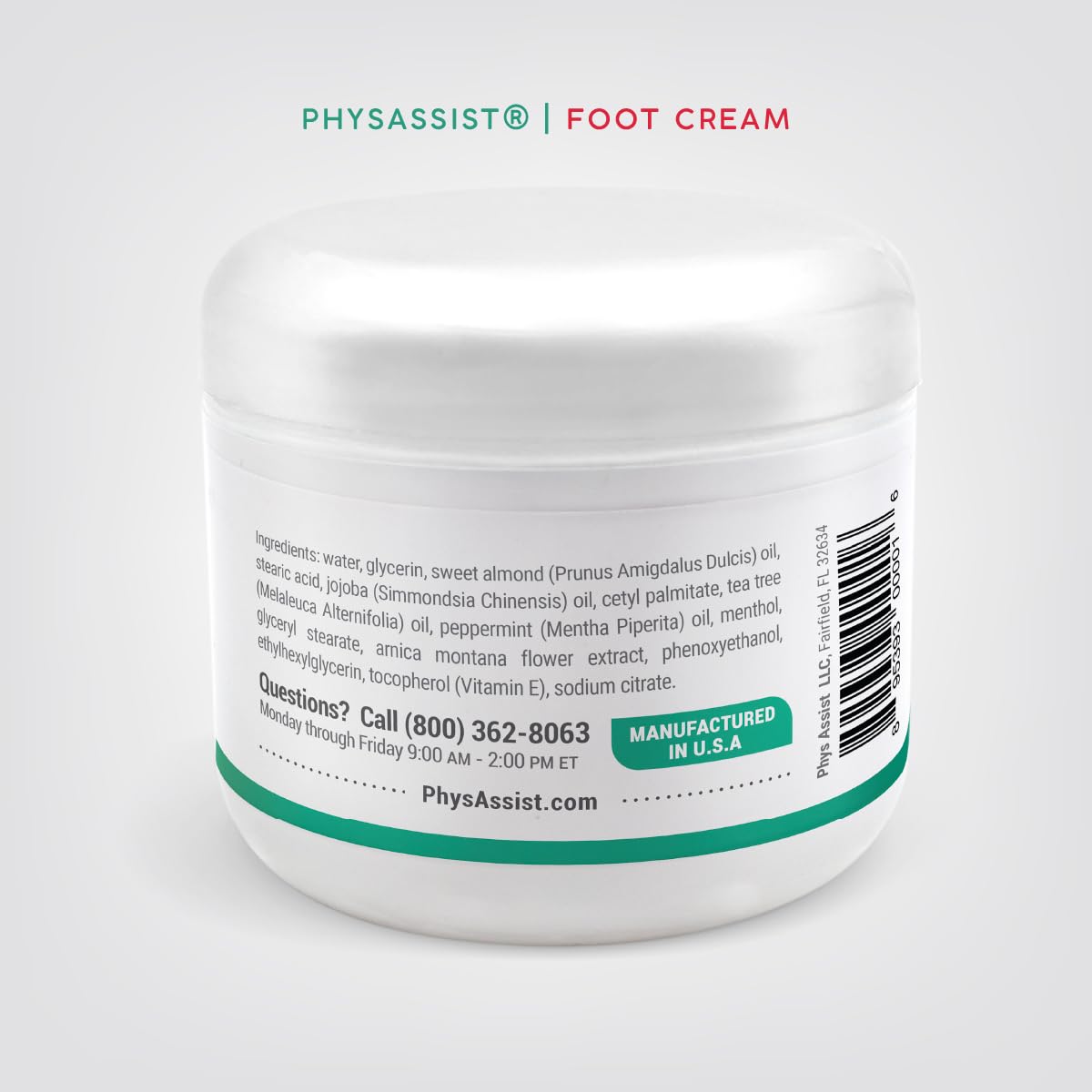 PhysAssist Foot Cream with Tea Tree – Deep Hydrating Foot & Leg Cream for Dry, Tired & Sensitive Skin – Refreshing Moisture Support with Peppermint, Menthol & Vitamin E – 4 oz Jar