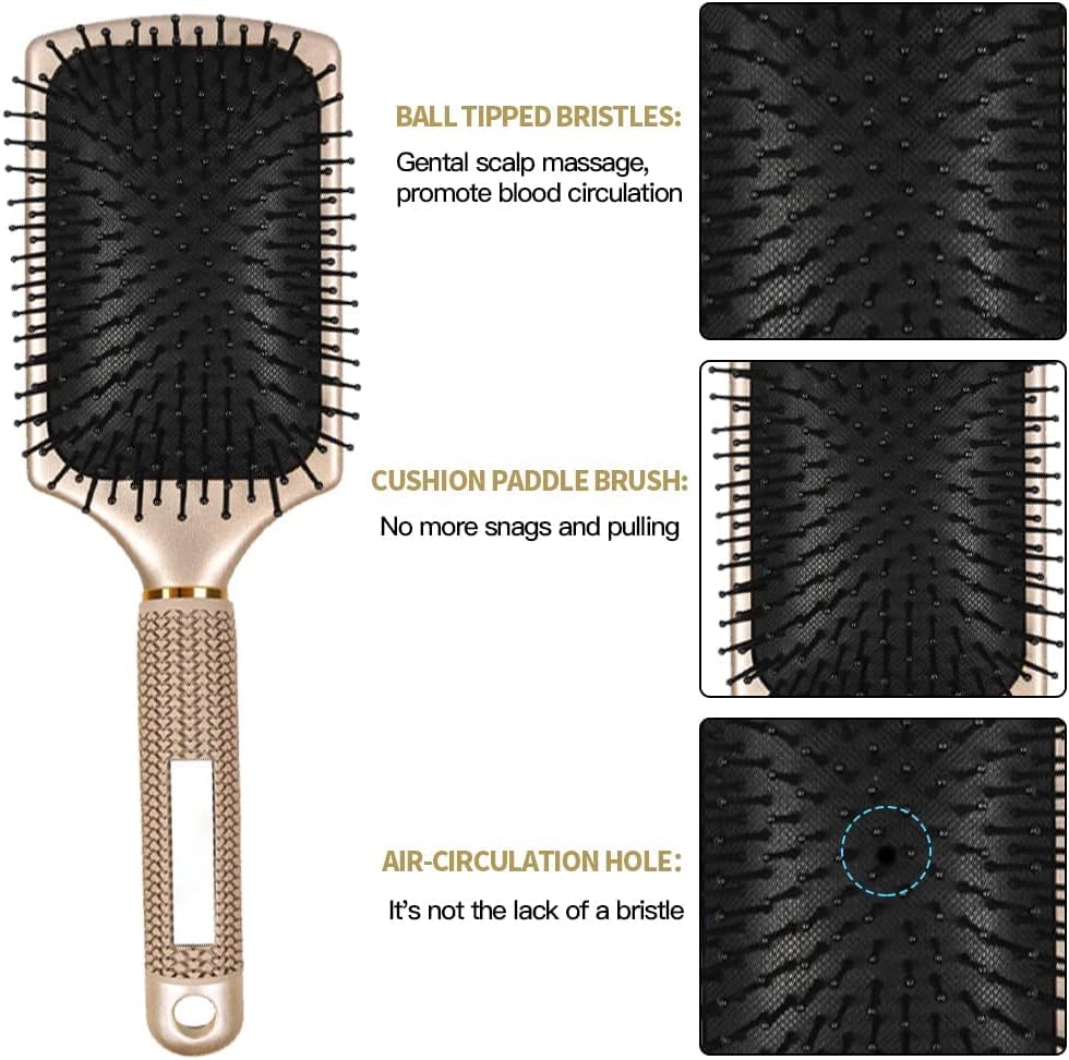 Curly Hair Brush Set - 8Pcs Round & Paddle Brushes for Women | Detangling Wet Long Thick Hair & Spray Bottle (Golden)