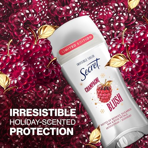 Secret Fresh Antiperspirant Deodorant for Women, 72hr Breathable Odor Protection with Pro-Hyaluronic Acid, Holiday Invisible Solid, Champagne Blush with Berries Sugared Rim & Rose Petals Scent, 2.6 oz