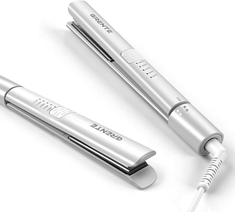 Titanium Flat Iron Hair Straightener | 2-in-1 Curler with Quick Heating, 1 Inch, 5 Temp Settings, Dual Voltage - White