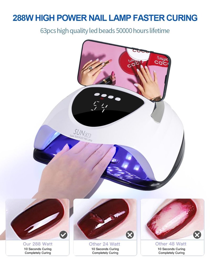 WEVILI Professional 288W UV/LED Nail Lamp with Smart Sensor, 63 LED Beads UV Light for Gel Nails, 4 Timer Settings, Portable Handle Fast Curing Gel Nail Dryer for Gel Polish, Salon & Home Use