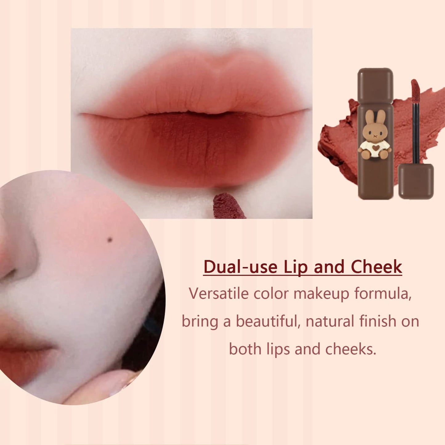 Domality 4pcs Bunny Rabbit Flavor Lip Gloss Set for Lips & Cheeks, 4 Colors Matte Velvet Mousse Liquid Lipstick, Soft Lightweight Smooth Lip Mud, Long Lasting Waterproof Lip Makeup Kit