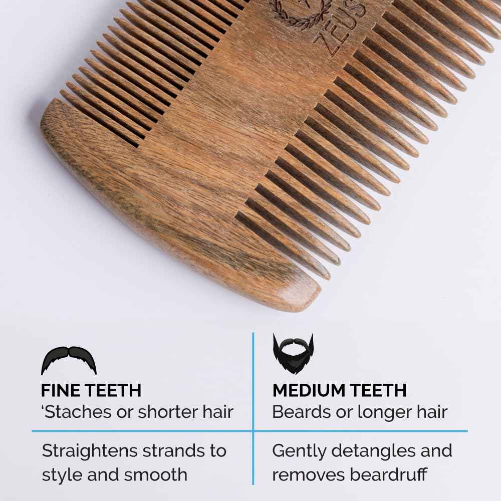 ZEUS Double-Sided Beard & Mustache Comb for Men, Natural Sandalwood Grooming Tool with Leather Case, Anti-Static & Travel Friendly (R31)