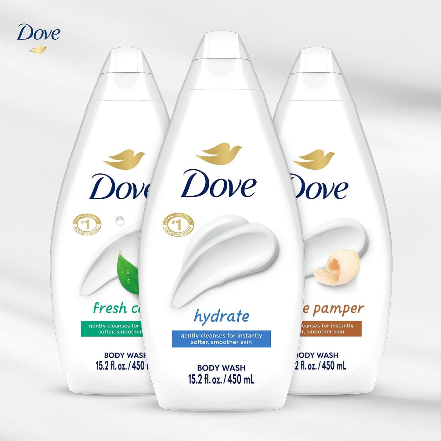 Dove Body Wash Variety 3-Pack – Hydrate, Fresh Care, and Gentle Pamper, 15.22 Oz Ea