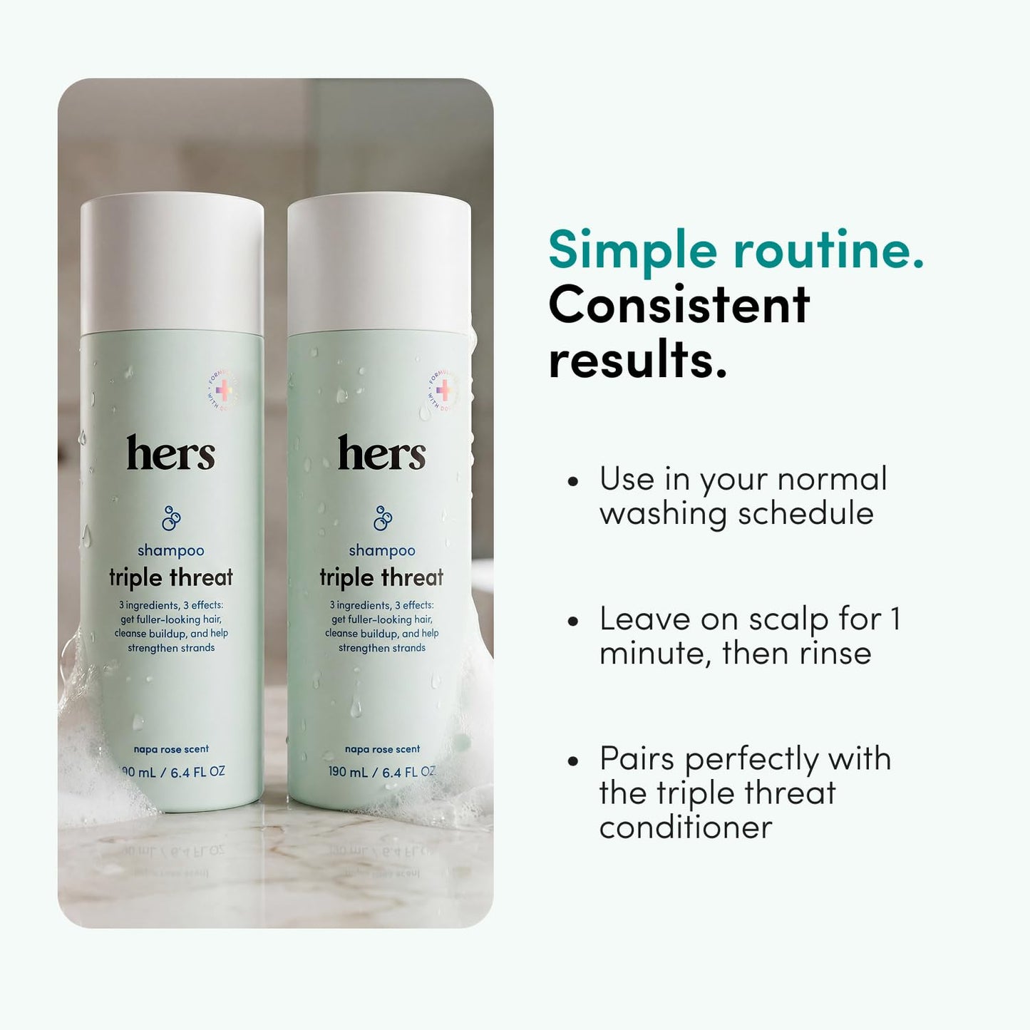 hers Triple Threat Shampoo - Biotin, Saw Palmetto, & Pumpkin Seed Oil Formula - Thickening & Hydrating Shampoo - Color-Safe, Paraben-Free, Vegan - Napa Rose Scent - 6.4 Fl Oz, 2 Pack
