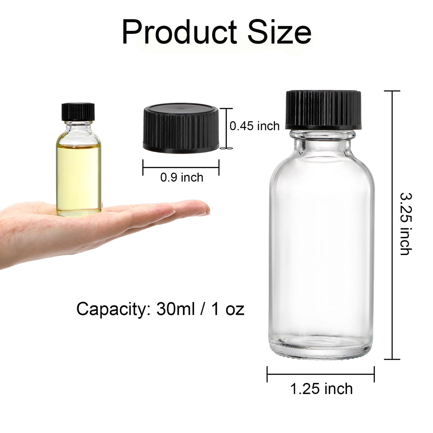 Bekith 30 Pack Boston Round Glass Bottle with Black Cap, 1 oz (30ml) Clear Glass Bottles Small Travel Bottle for DIY Essential Oils, Perfumes, Whiskey and Juices