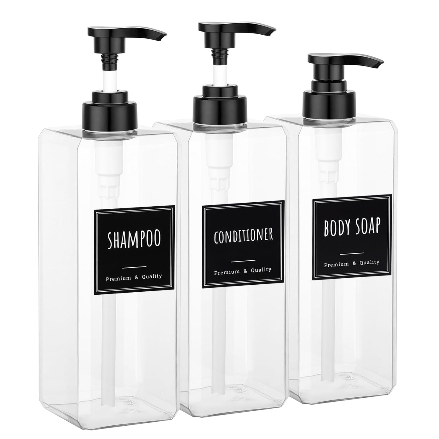 Segbeauty 33.8oz Shampoo and Conditioner Dispenser, 3pcs Square Empty Plastic Bottles with Labels, 1000ml Large Square Hand Soap Dispenser for Bathroom, Body Wash Container Pump Bottle Refillable
