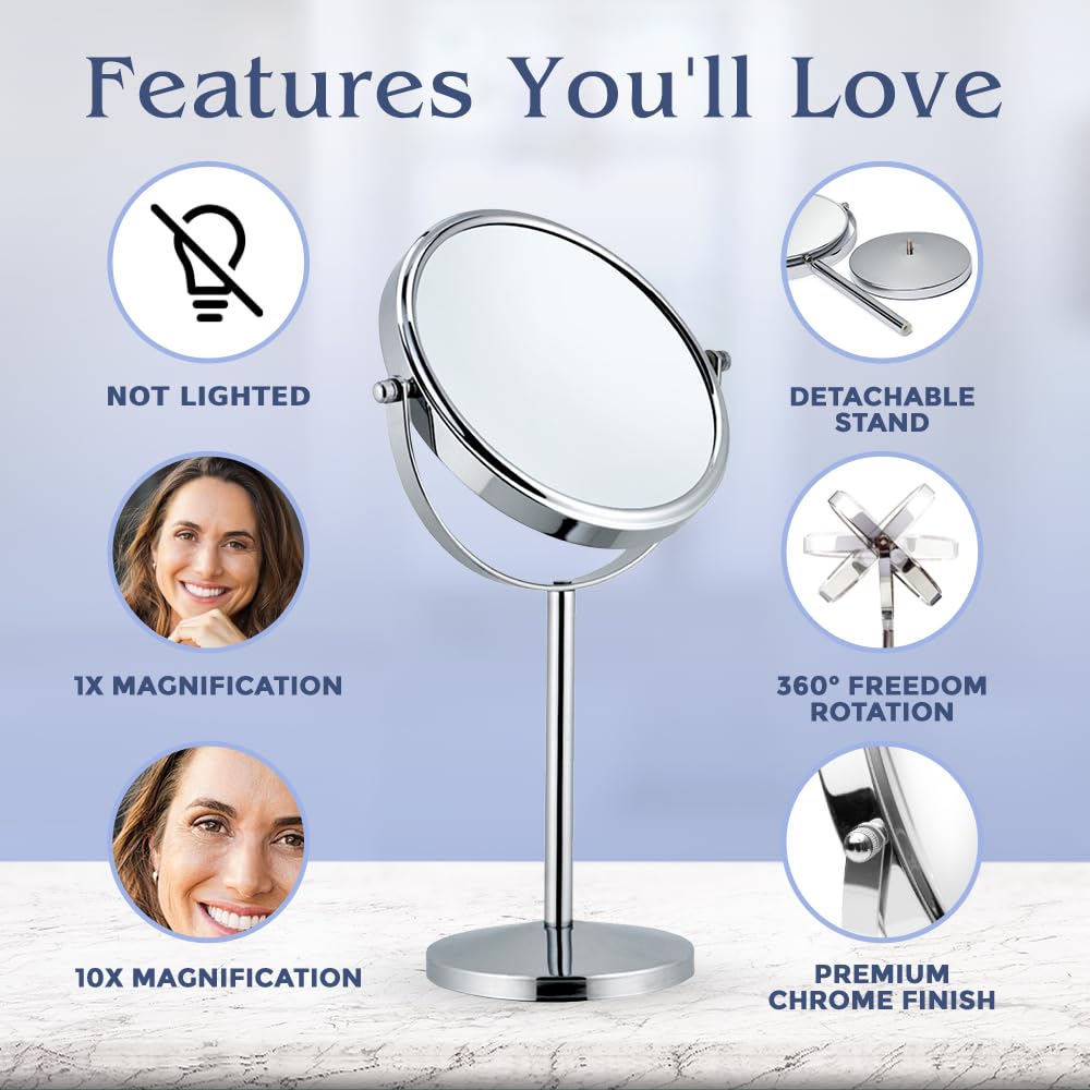 10X Magnifying Makeup Mirror on Round Stand for Tabletop, Bedroom Vanity Desk and Bathroom Counter - Free Standing Double Sided 10X/1X Magnification Mirror - 7" Wide and 14" Tall (Chrome)