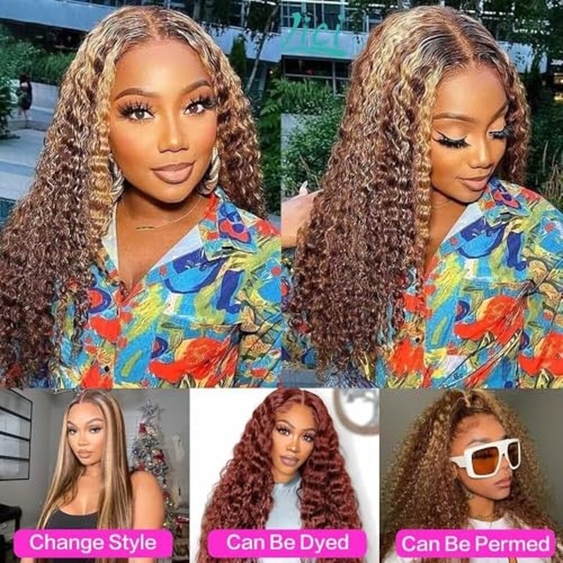 Ombre Highlight Deep Wave Lace Front Wigs Human Hair 4/27 Colored Pre Plucked 13x6 HD Transparent Lace Frontal Wigs Honey Blonde Curly Wig for Women 180% Density Glueless Wig with Baby Hair 26 Inch