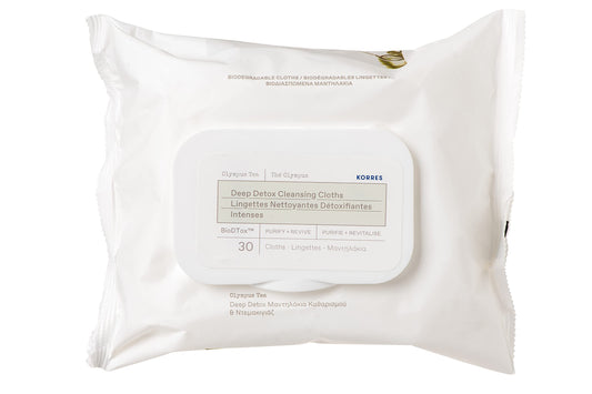 KORRES Olympus Tea Deep Detox Cleansing Cloths, Face Wipes to Cleanse Pores, Makeup Remover Wipes, Purifying Skin Care Cloths for Women and Men, Disposable, Vegetarian, Made in Greece, 30 Count