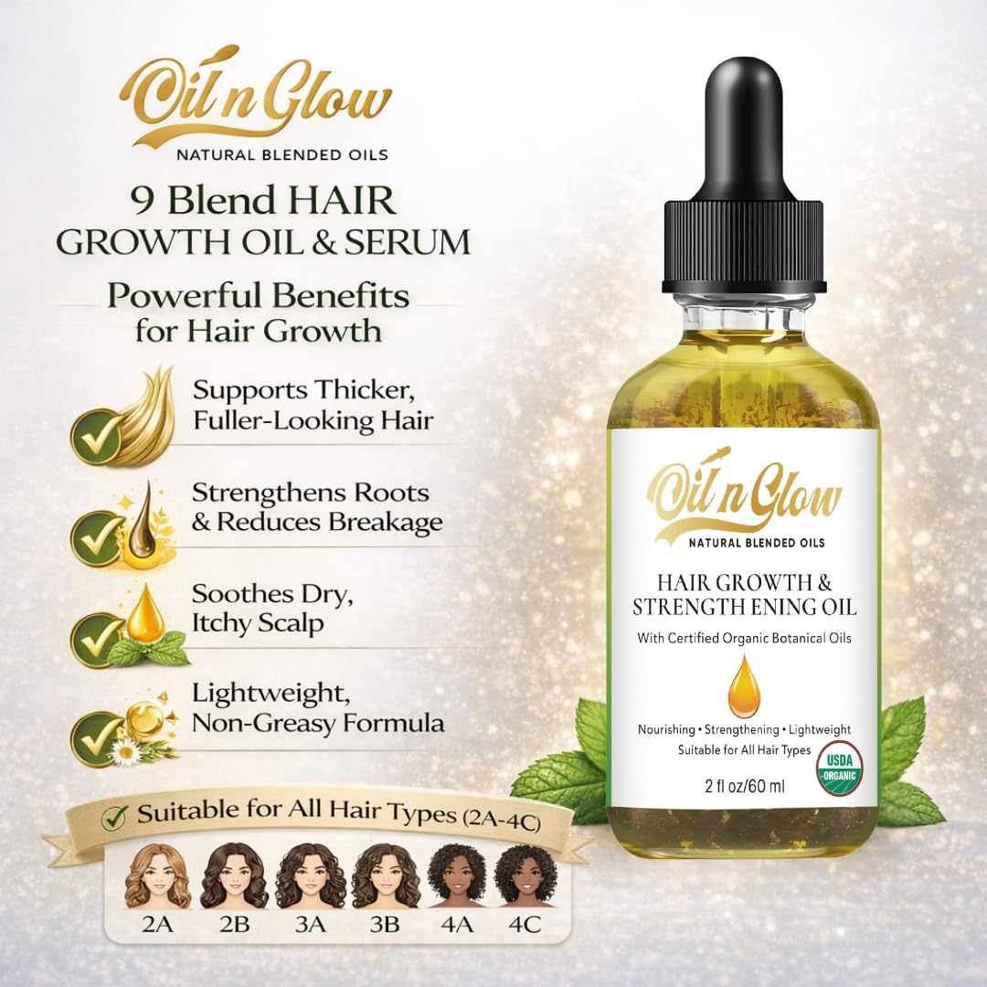 OilnGlow USDA Certified Organic 9 in 1 Natural Hair Serum for Hair Growth, & Strengthening With Rosemary Oil for Hair Growth, & Scalp DHT Blocker Peppermint Hair Oil Growth 2 FL