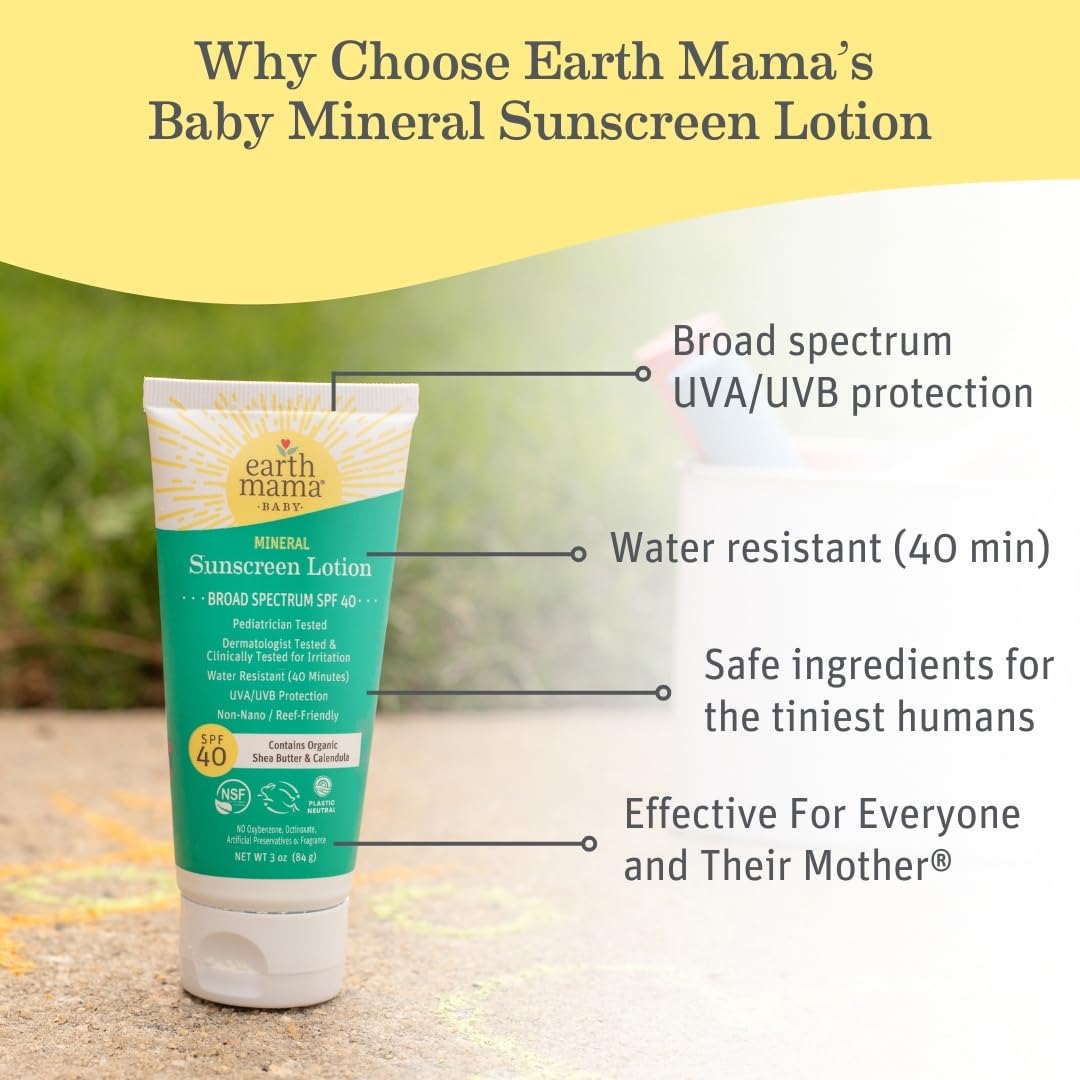 Earth Mama Baby Mineral Sunscreen Lotion SPF 40 - (2 Pack) 3 oz - Non-Nano Zinc - Broad Spectrum for Babies, Kids & Family - Water Resistant Sun Protection
