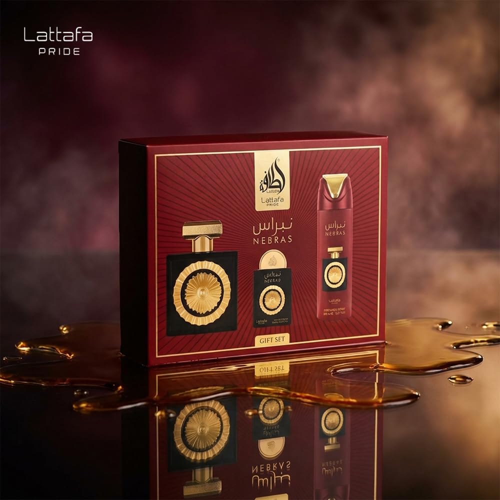 Lattafa Pride Nebras Gift Set - Fruity Sweet Vanilla Amber | 3.4oz & 0.65oz Eau de Parfum + 6.67oz Deodorant Spray