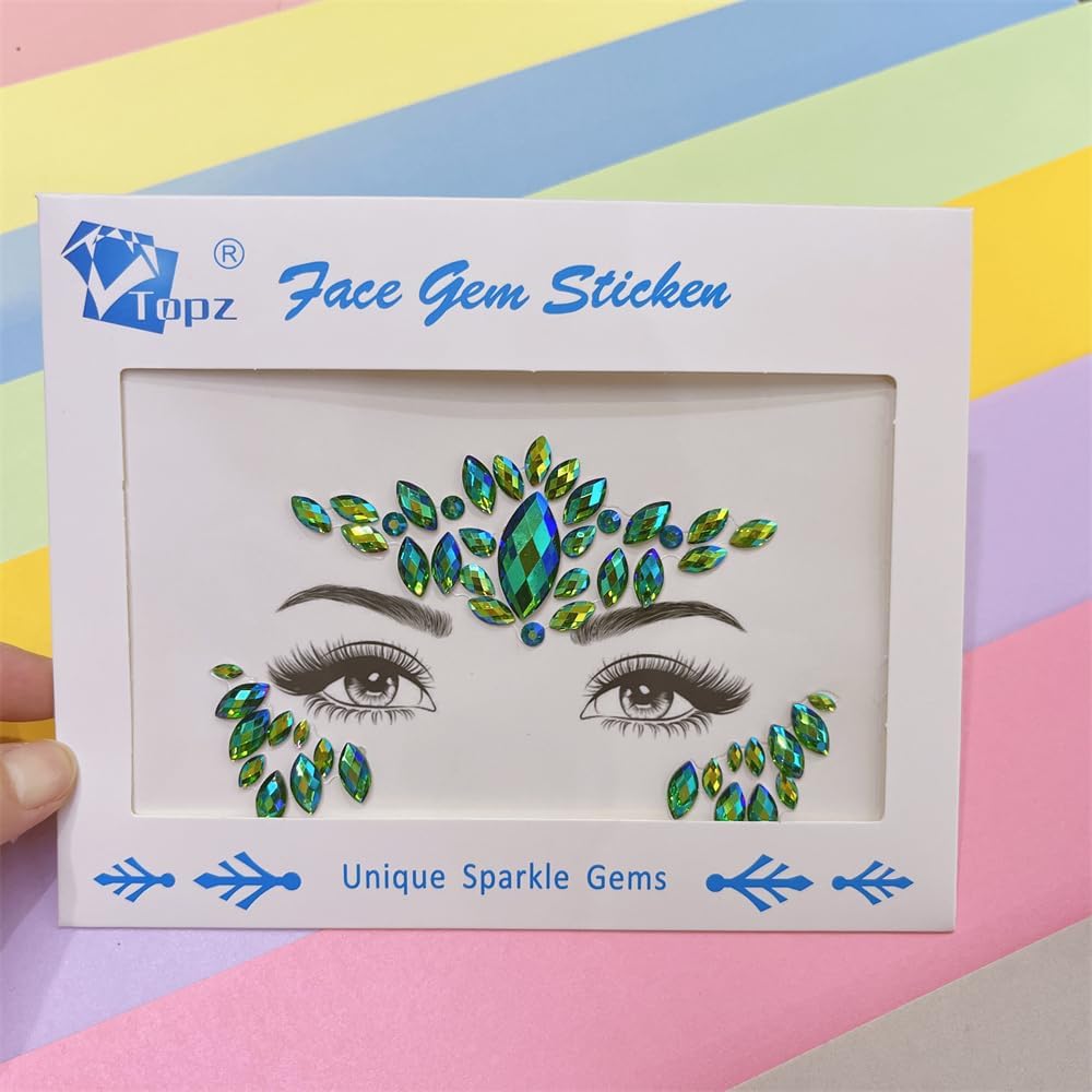 Face Jewels - Green Rhinestone Stickers for Halloween Makeup | Self-Adhesive Festival Glitter Gems