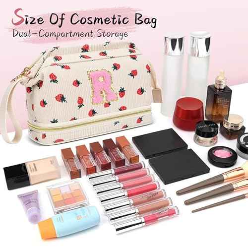 Personalized Initial Makeup Bag,Strawberry Quilted Makeup bag Christmas Gifts for Girls,Double Layer Travel cosmetic Bag with Make up Brush Organizer,Cute Travel Toiletry Pouch-I