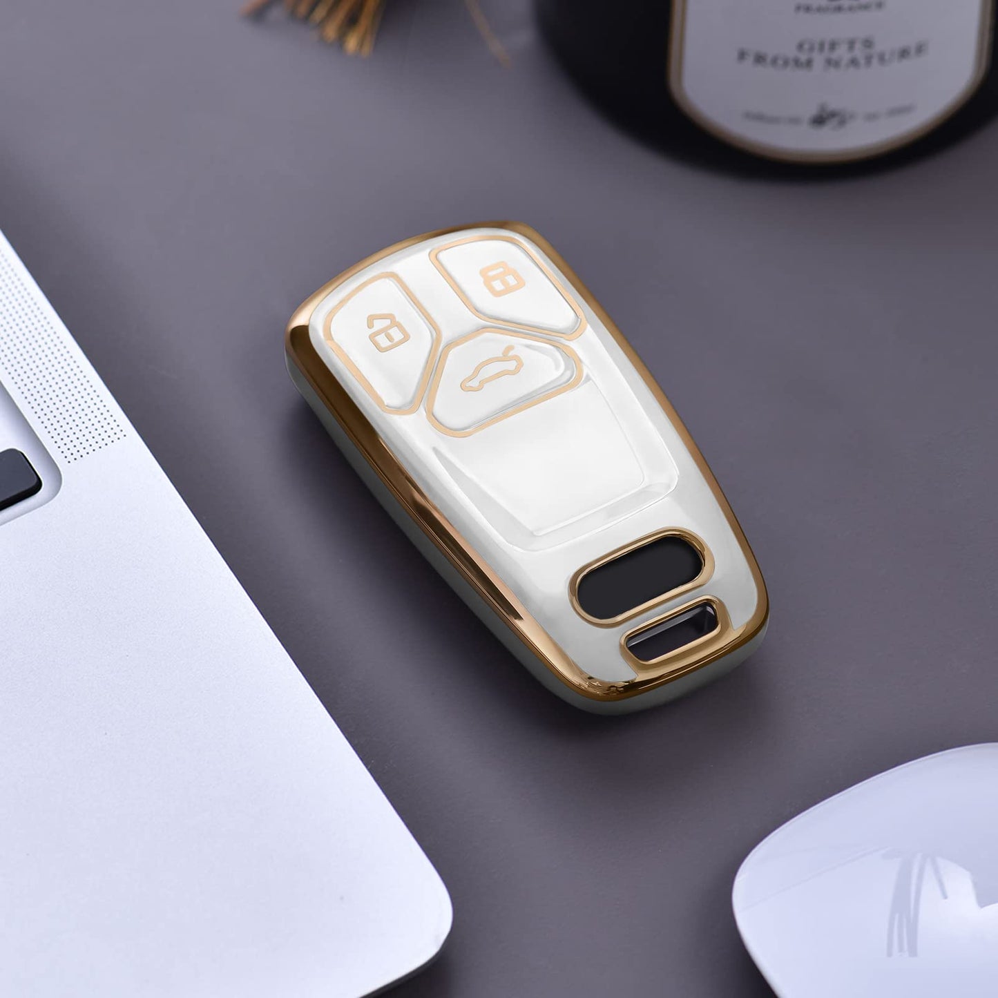 ELOHEI for Audi Key Fob Cover, Premium Soft TPU 360 Degree Full Protection Key Case Accessories Compatible with Audi A4 Q7 Q5 TT A3 A6 SQ5 R8 S5 Smart Key(Gold Edge White)