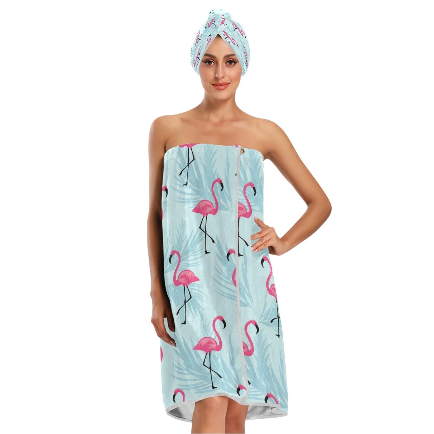 ATTX Flamingo Blue Leaf Towel Wrap with Dry Hair Cap & Headband for Women – Women’s Comfortable Shower & Bath Wrap with Adjustable Closure