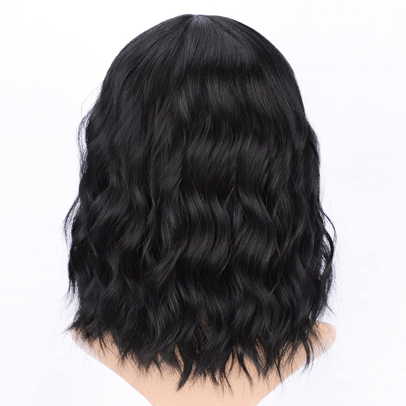 Curly Bob Wig - Short Synthetic Black Wig with Bangs | Heat Resistant Fiber for Natural Look