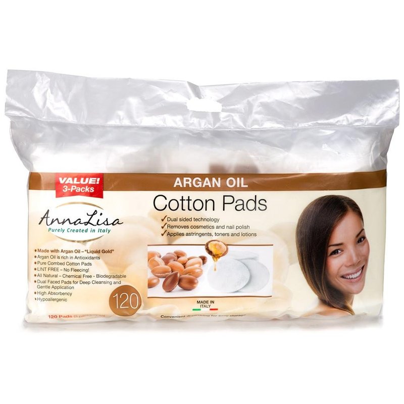 AnnaLisa large 100% Pure Combed Cotton Argan Oil Pads for Makeup/Nail Polish Removal |120-Piece Italian Ovals Facial Cleansing | 3 Packs of 40 Hypoallergenic & Absorbing Cotton Ovals