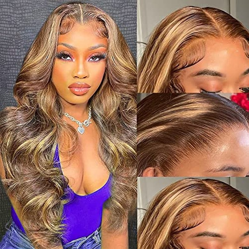 Yllies Honey Blonde Highlight Ombre Middle Part Lace Front Wigs Human Hair T Part HD Transparent Lace Body Wave Wigs 180% Density Brazilian Human Hair 4/27 Colored Glueless Wigs for Women(22 Inch)