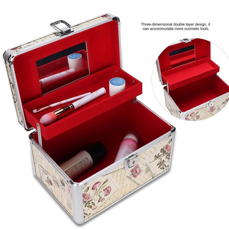 Makeup Case with Mirror, Professional Aluminum Makeup Storage Box, Portable Small Cosmetic Case for Beauty Artists, Travel Cosmetic Train Case Organizer with Dividers and Tool Panel for Brushes