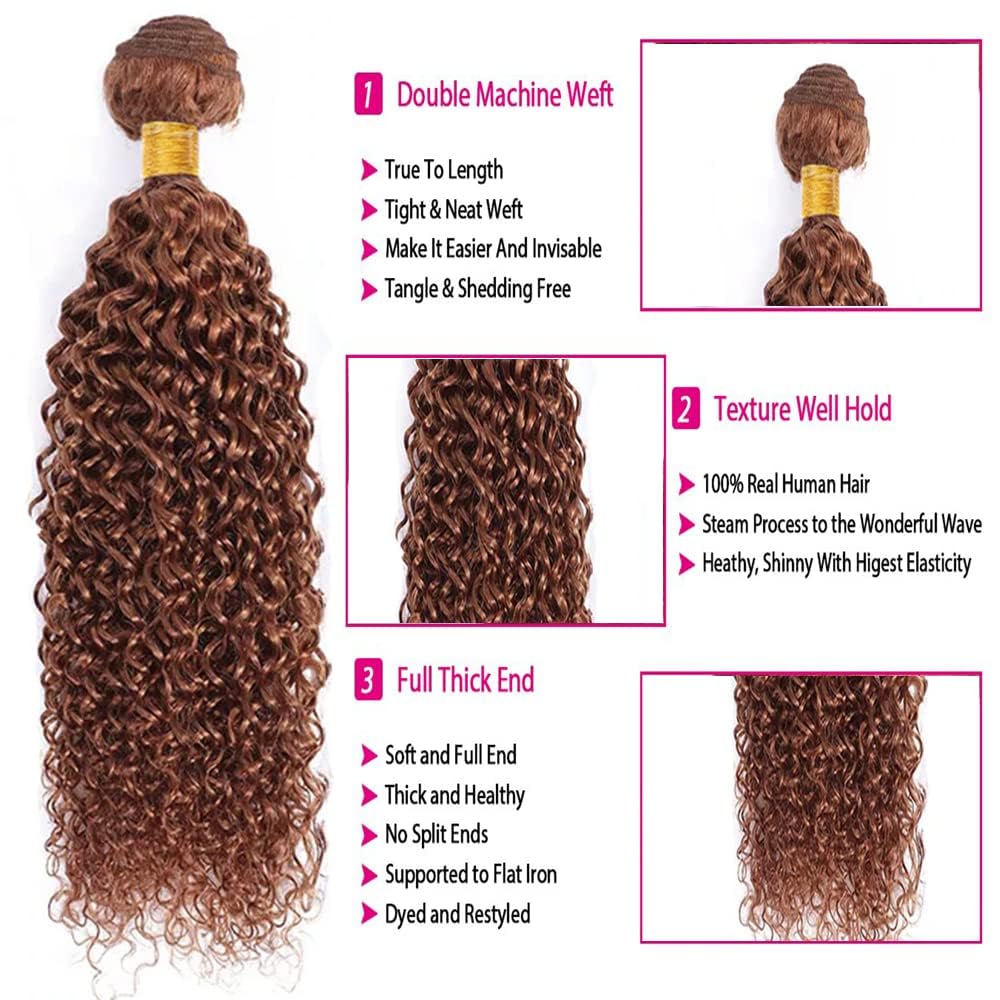 GLSMOSNW Light Brown Bundles Human Hair Color 30 Kinky Curly Bundles 10 12 14 Inch Unprocessed Brazilian Virgin Human Hair Extensions Brown Curly Bundle