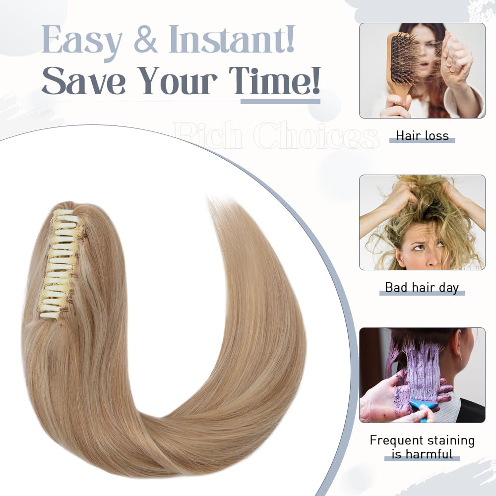 Rich Choices Ponytail Extension 100% Real Human Hair Wrap Around Remy Ponytail Extension for Women Clip In Long Pony tail Extensions Straight 13.5 Inch #18P613 Ash Blonde Highlighted Bleach Blonde