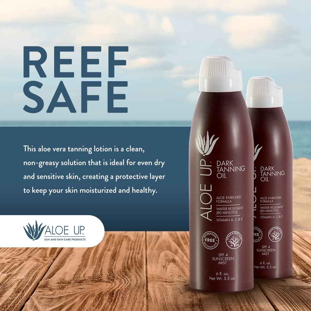 Aloe Up SPF 4 Dark Tanning Oil - Body and Face Tanning Continuous Spray for Outdoor Sun - With Sunscreen, Pure Aloe Vera, and Natural Oils - Dries Clear - Reef Friendly - Fresh Tropical Scent - 6 Oz