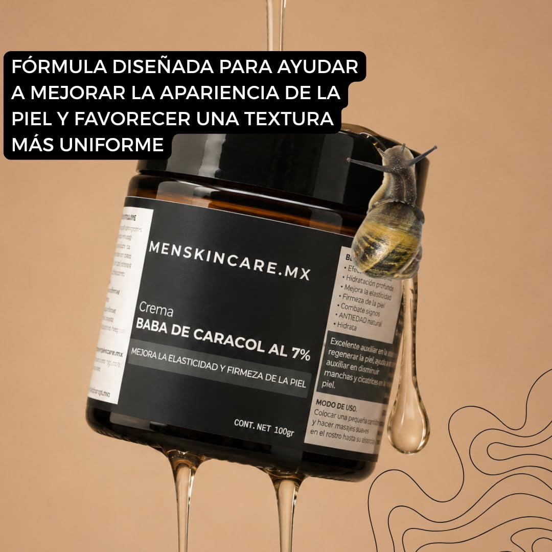 100g Snail Slime Cream for Men; regenerates damaged skin, fades blemishes, improves skin elasticity and firmness by stimulating cell renewal with 7% protein extract.
