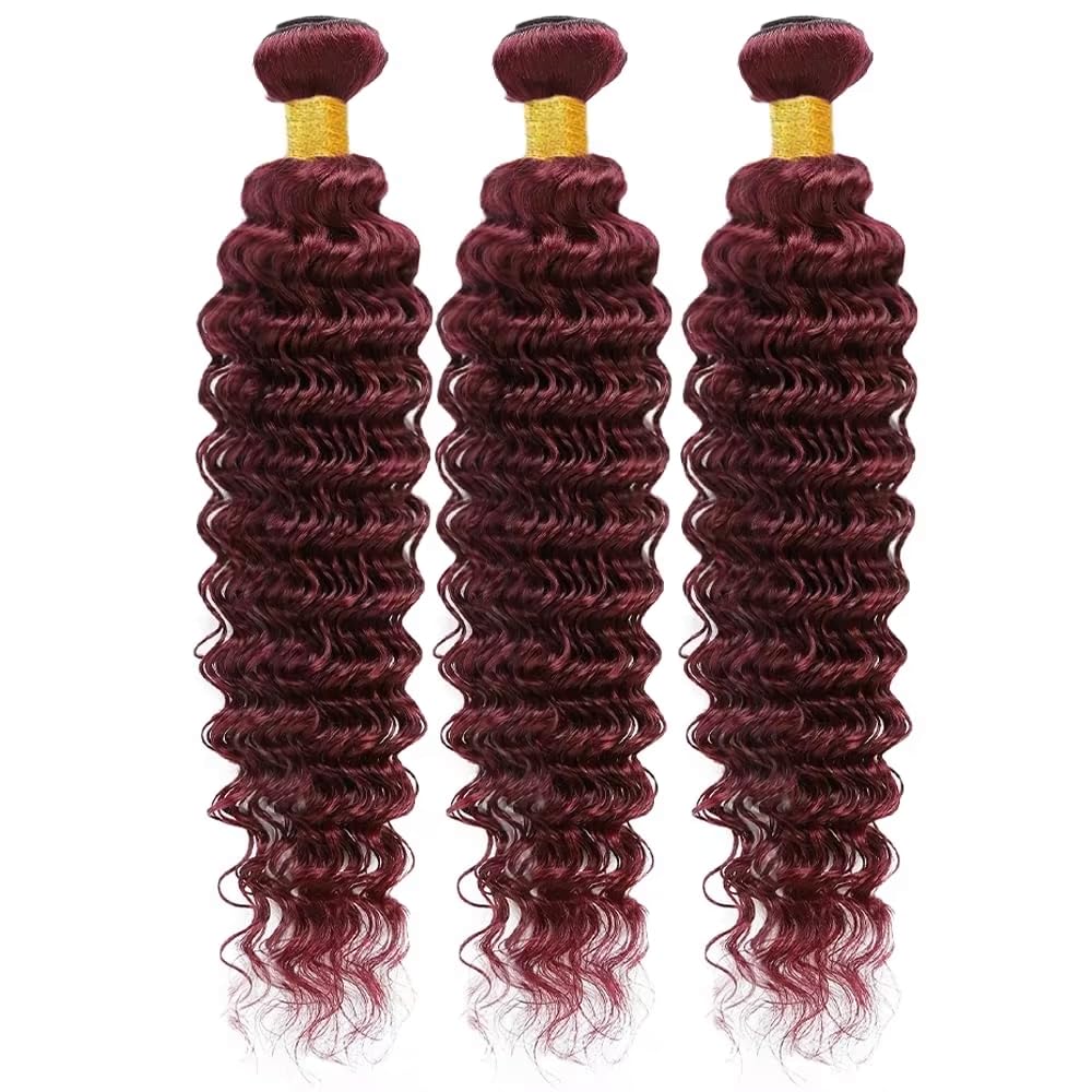 Niciitysi Color 99j Human Hair Wine Red Deep Wave Bundles 10 12 14 inch Double Weft Brazilian Hair Extensions Soft and Silky Burgundy Deep Curly Weave Bundles for Women